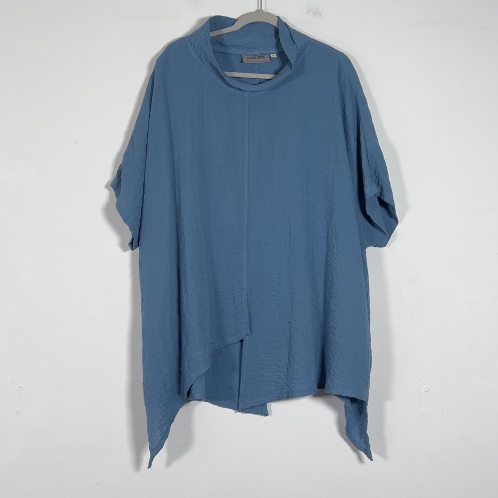 Eleven Stitch Design Blue Travel Crinkle Funnel Neck Oversized Top One Size USA